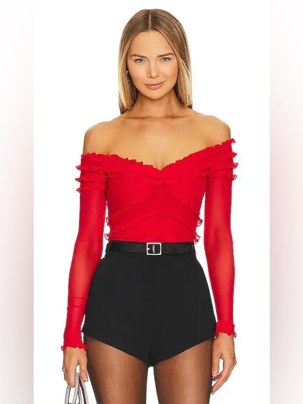 New! MAJORELLE Elise Red Off-Shoulder Ruffle Long Sleeve Bodysuit ❤️ Small